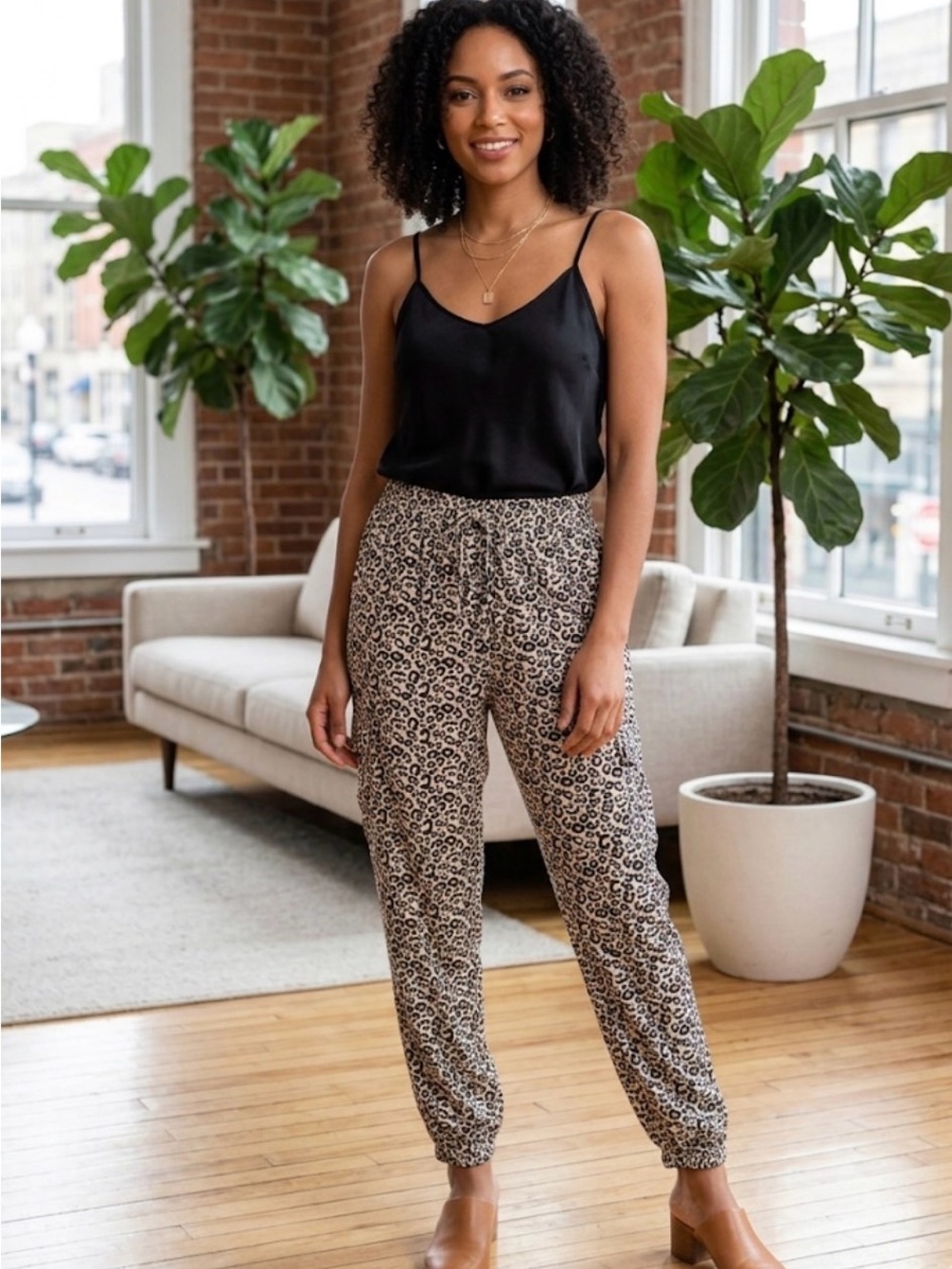Leopard Print Jogger Pants - Beige/Black